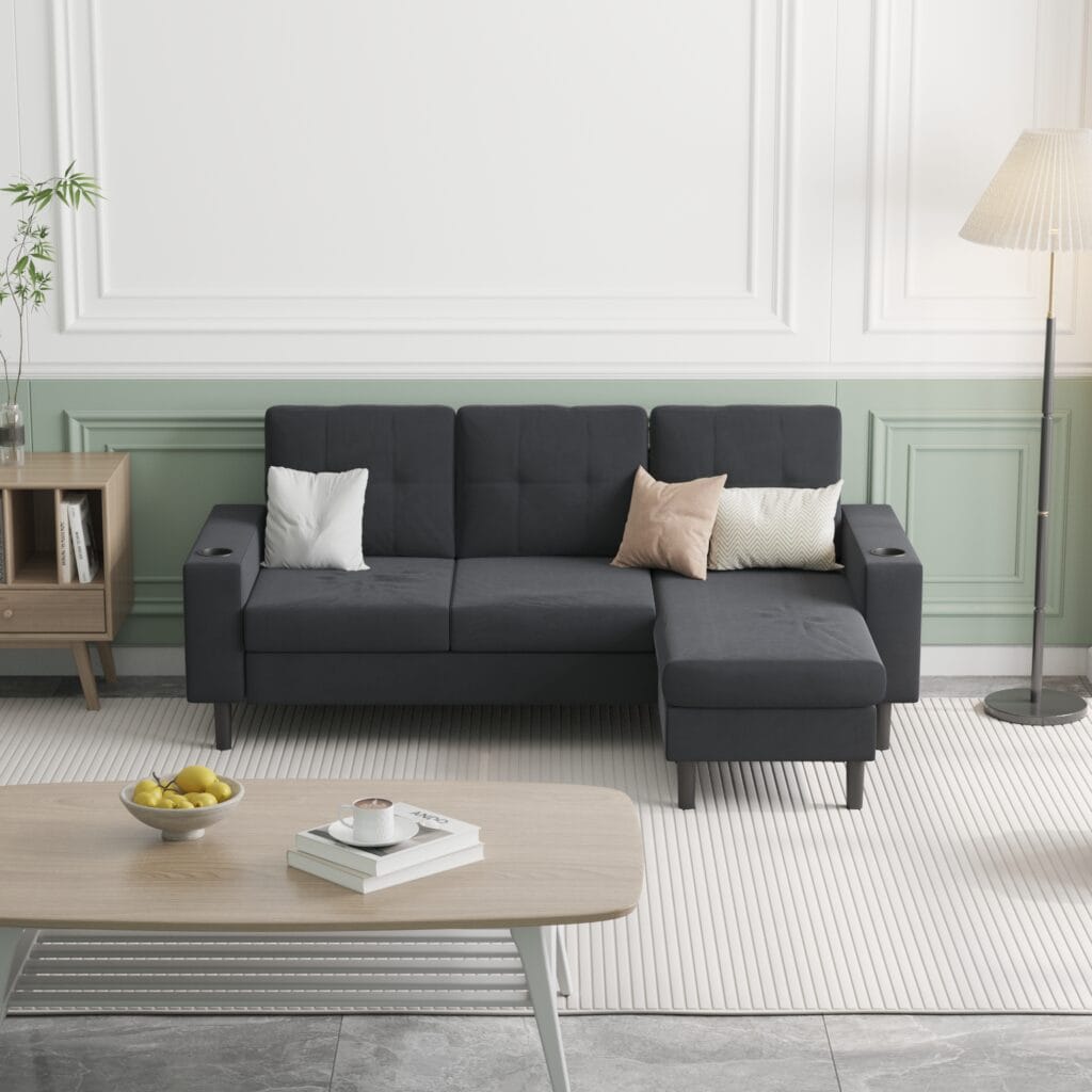 Modern black sofa in bright living room with soft neutral decor – 3D interior visualization