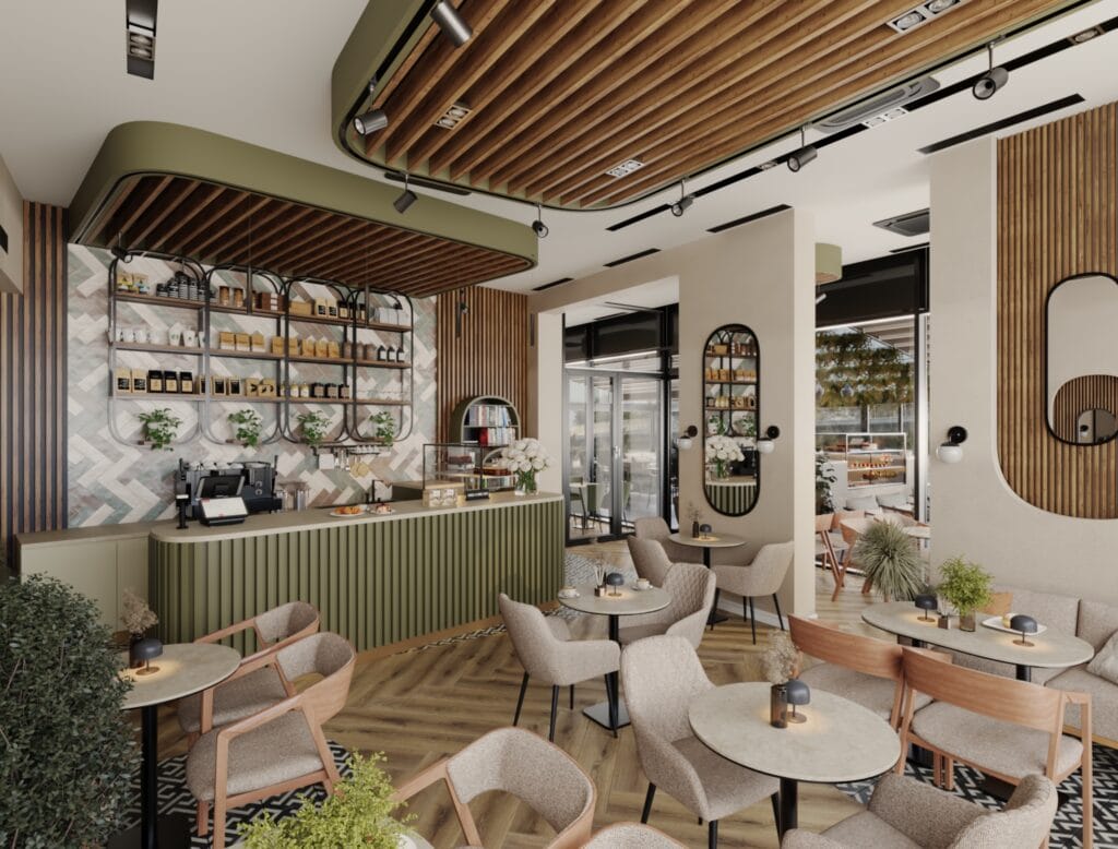Modern café bar with green wooden panels and decorative shelving