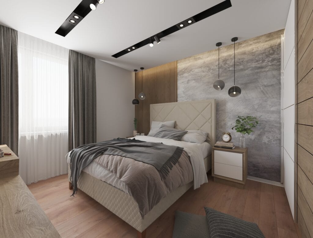 Modern cozy bedroom with upholstered bed and pendant lights – Intervibe Studio