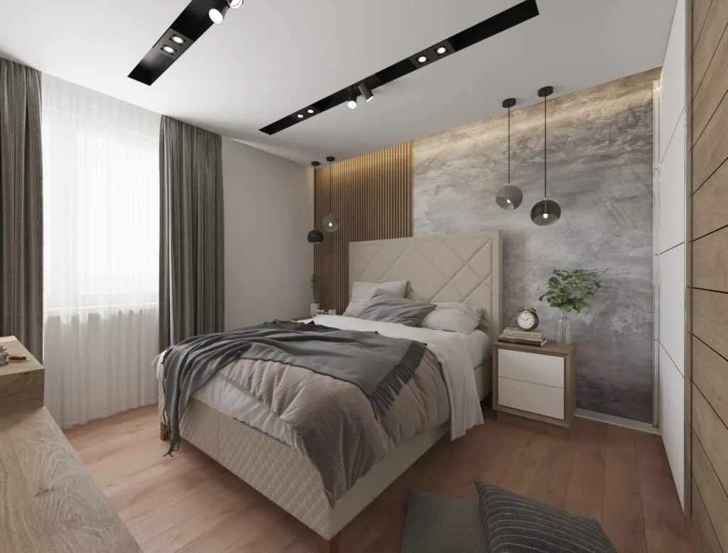 Modern cozy bedroom with upholstered bed and pendant lights – Intervibe Studio