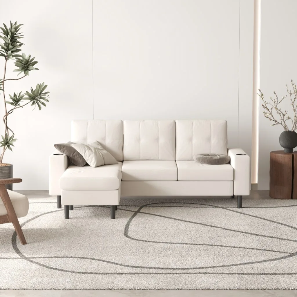 Modern cream sofa in minimalist living room with neutral decor – Intervibe Studio 3D visualization