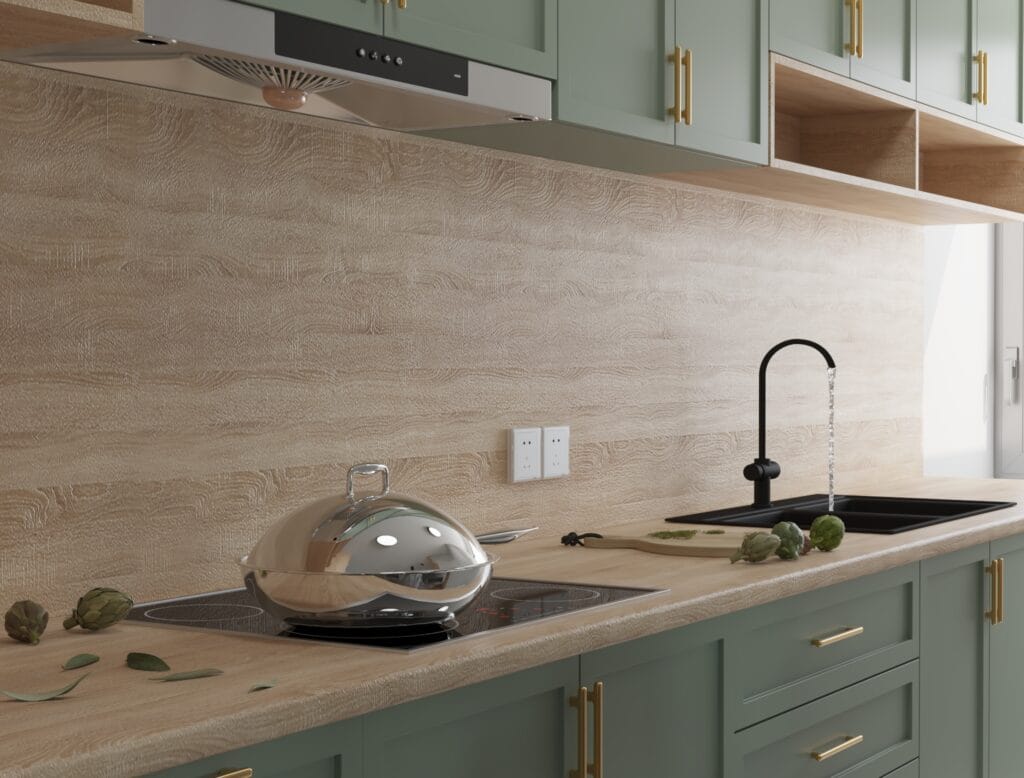 Modern green kitchen cabinets with wooden backsplash – Intervibe Studio interior visualization