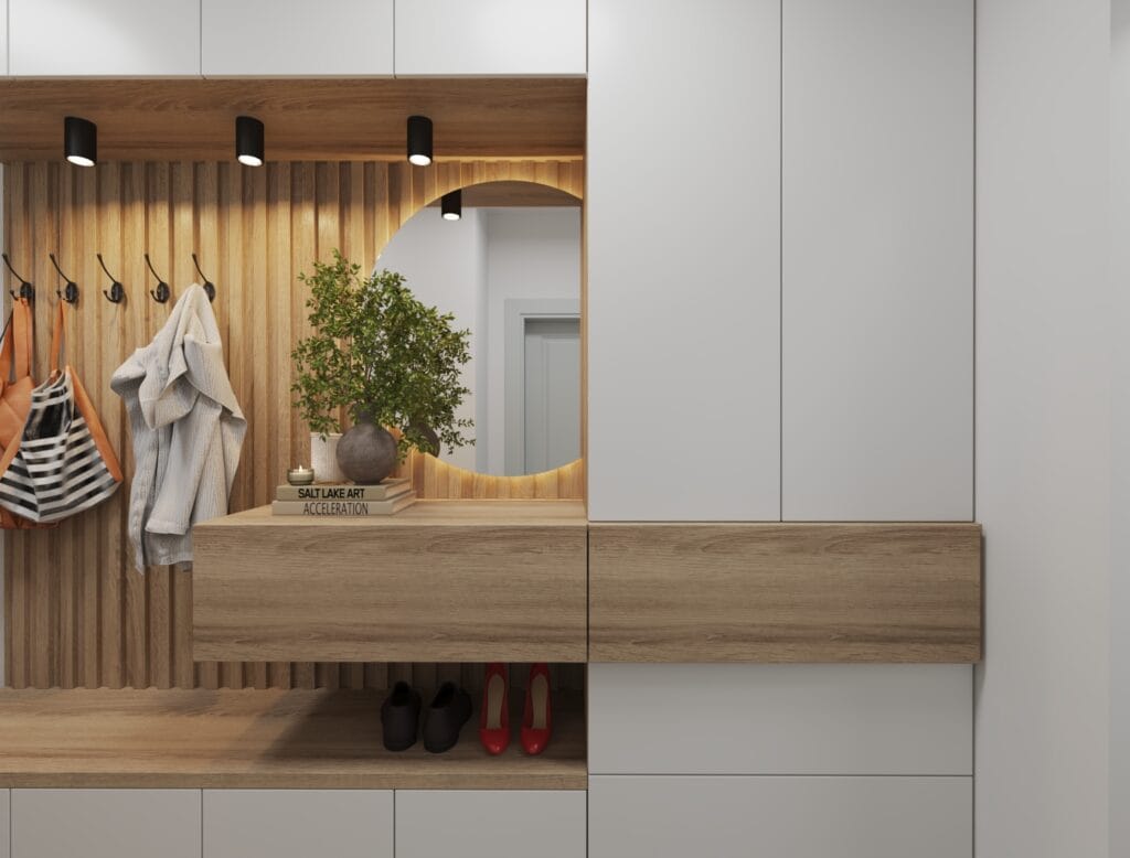 Modern hallway design with white cabinets and wooden accents – Intervibe Studio