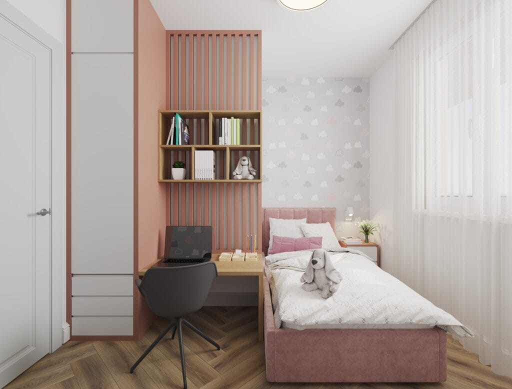 Modern kids room design with study desk and bookshelves – Intervibe Studio