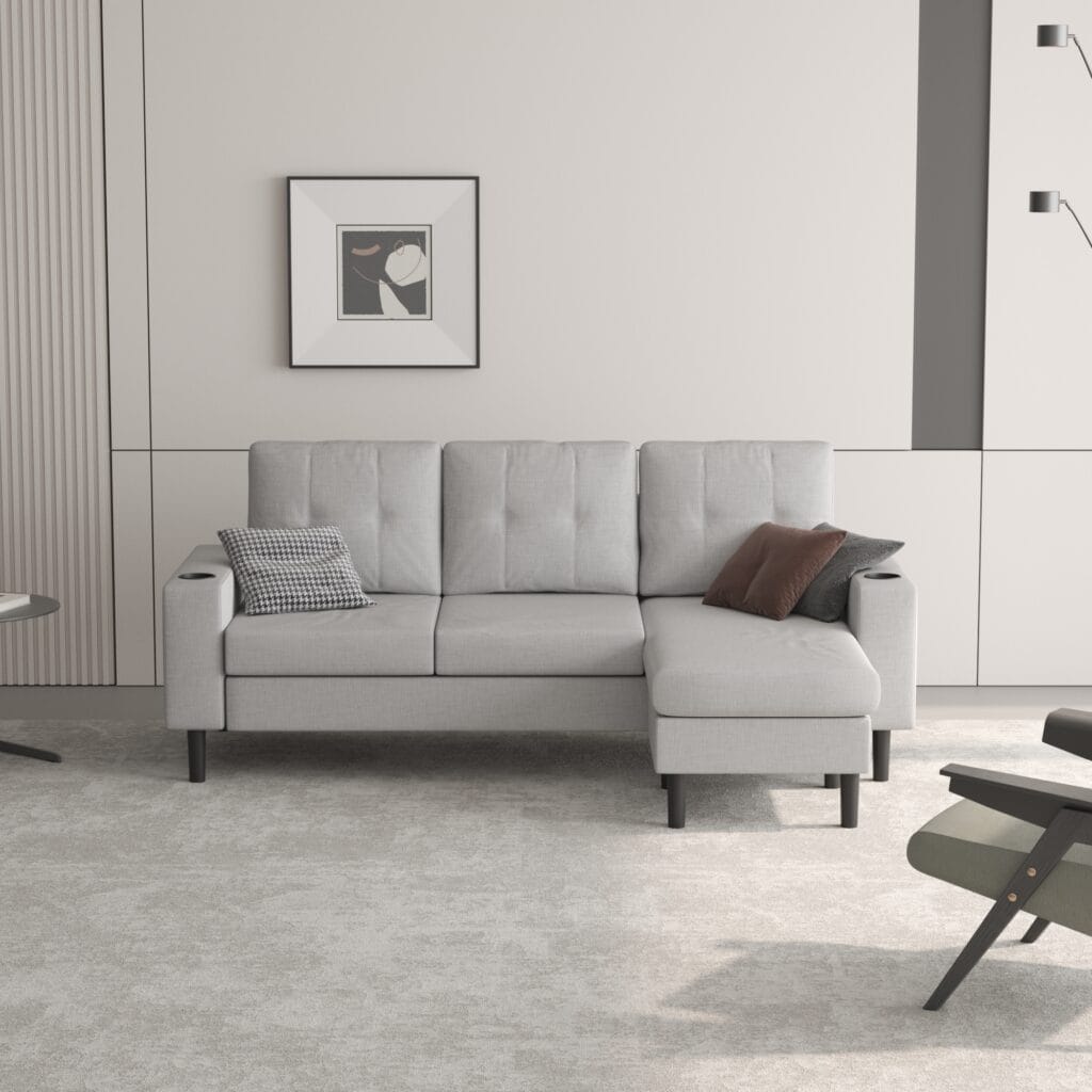 Modern light grey sofa in contemporary living room with wall art – 3D interior visualization