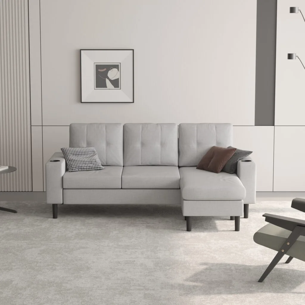 Modern light grey sofa in contemporary living room with wall art – 3D interior visualization