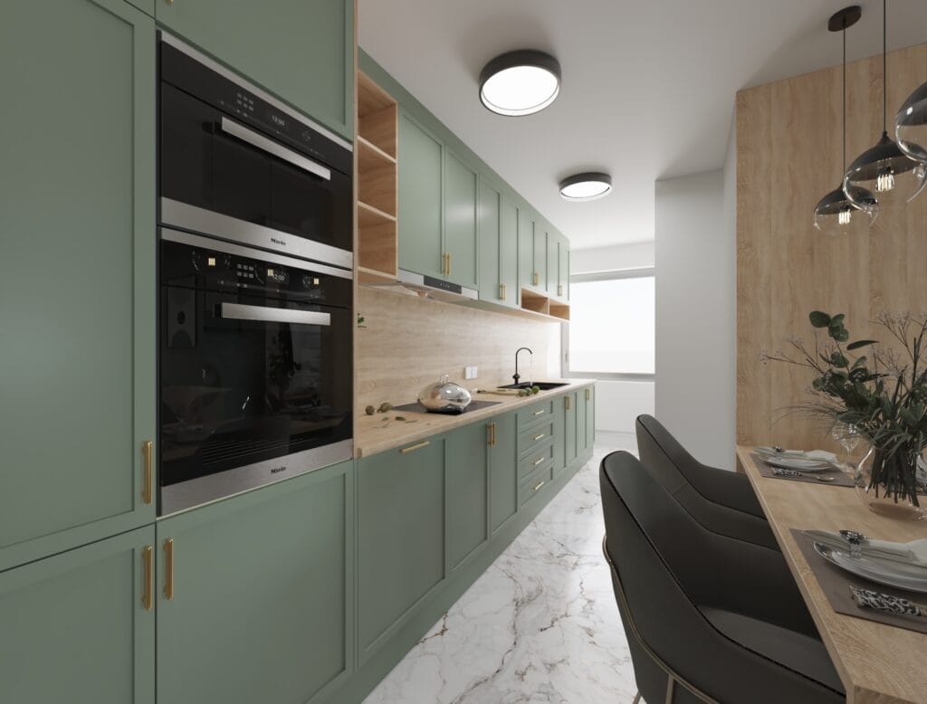 Modern linear kitchen design with green cabinets and wooden details – Intervibe Studio
