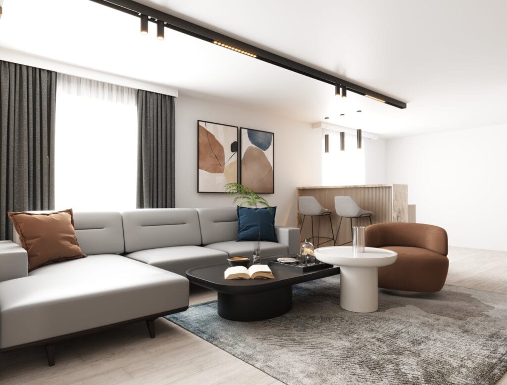Modern living room vignette with grey sectional sofa and sculptural coffee table – Intervibe Studio render