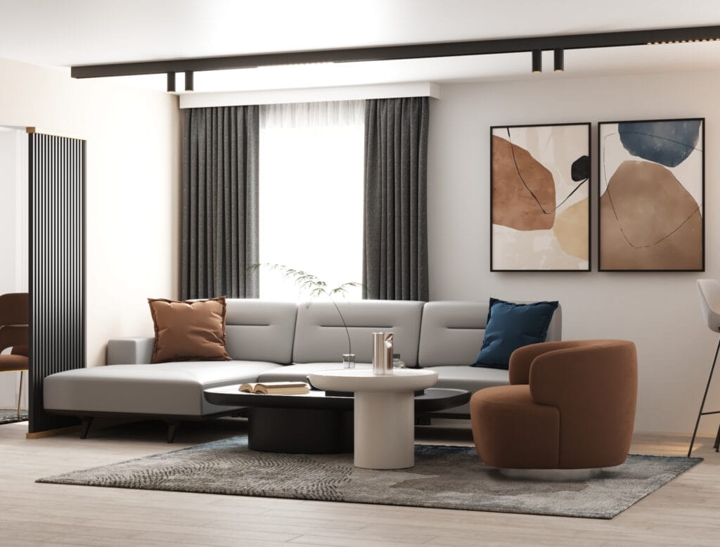Modern living room with grey sectional sofa, coffee table, and brown accent chair – Intervibe Studio render