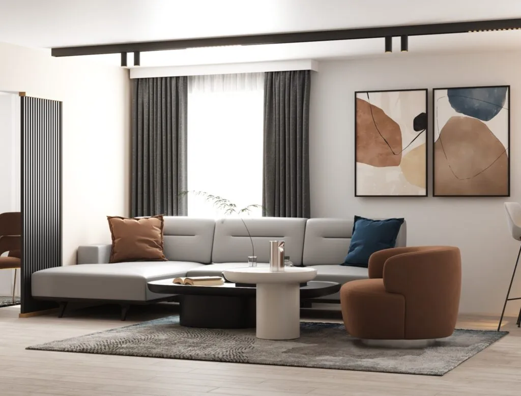 Modern living room with grey sectional sofa, coffee table, and brown accent chair – Intervibe Studio render