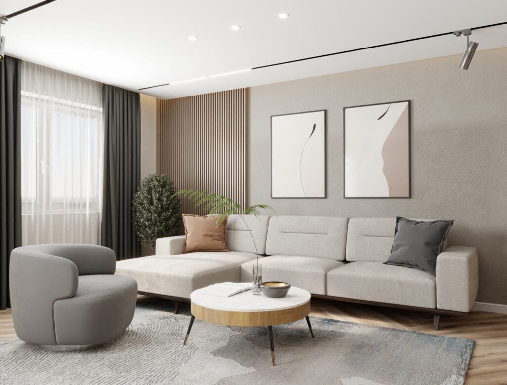 Modern living room with sectional sofa, round coffee table and minimalist wall art – Intervibe Studio