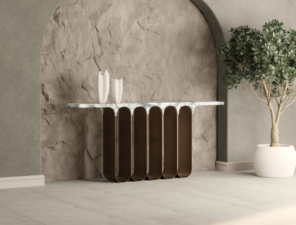 Modern luxury console table with marble surface and gold-toned sculptural legs – 3D render