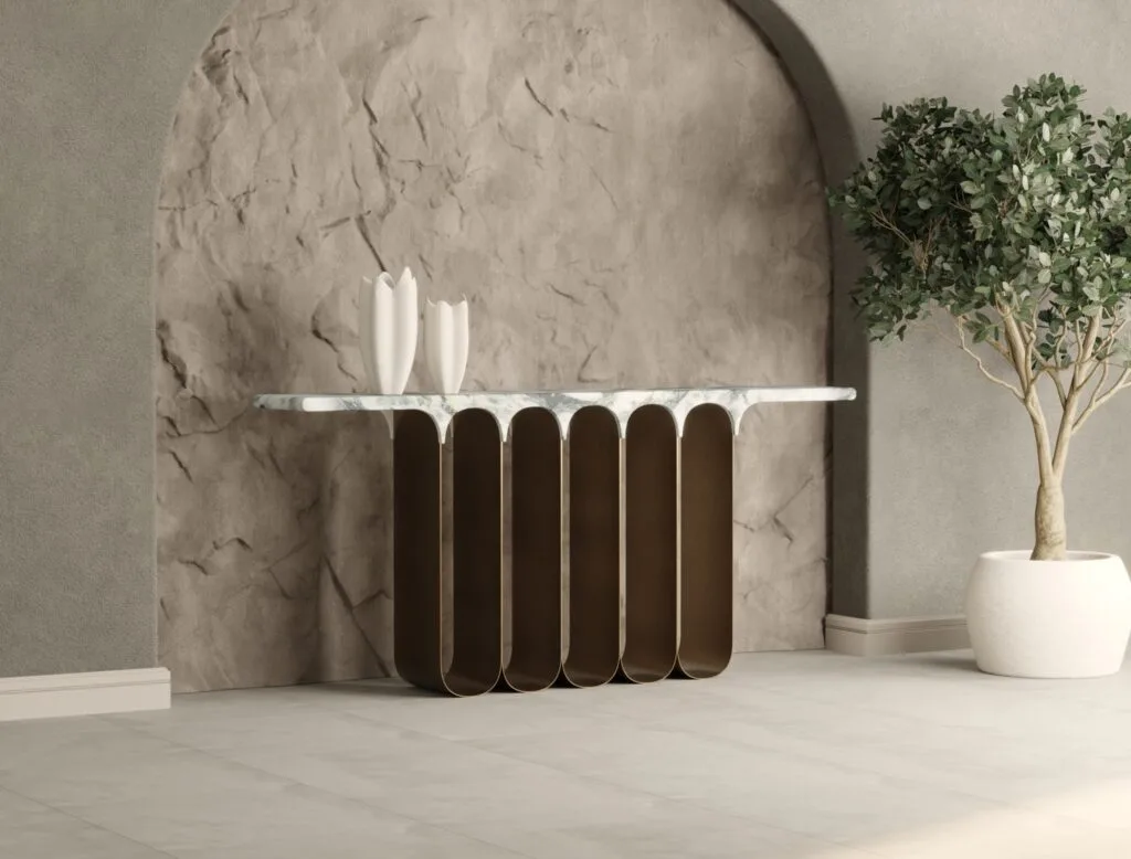 Modern luxury console table with marble surface and gold-toned sculptural legs – 3D render