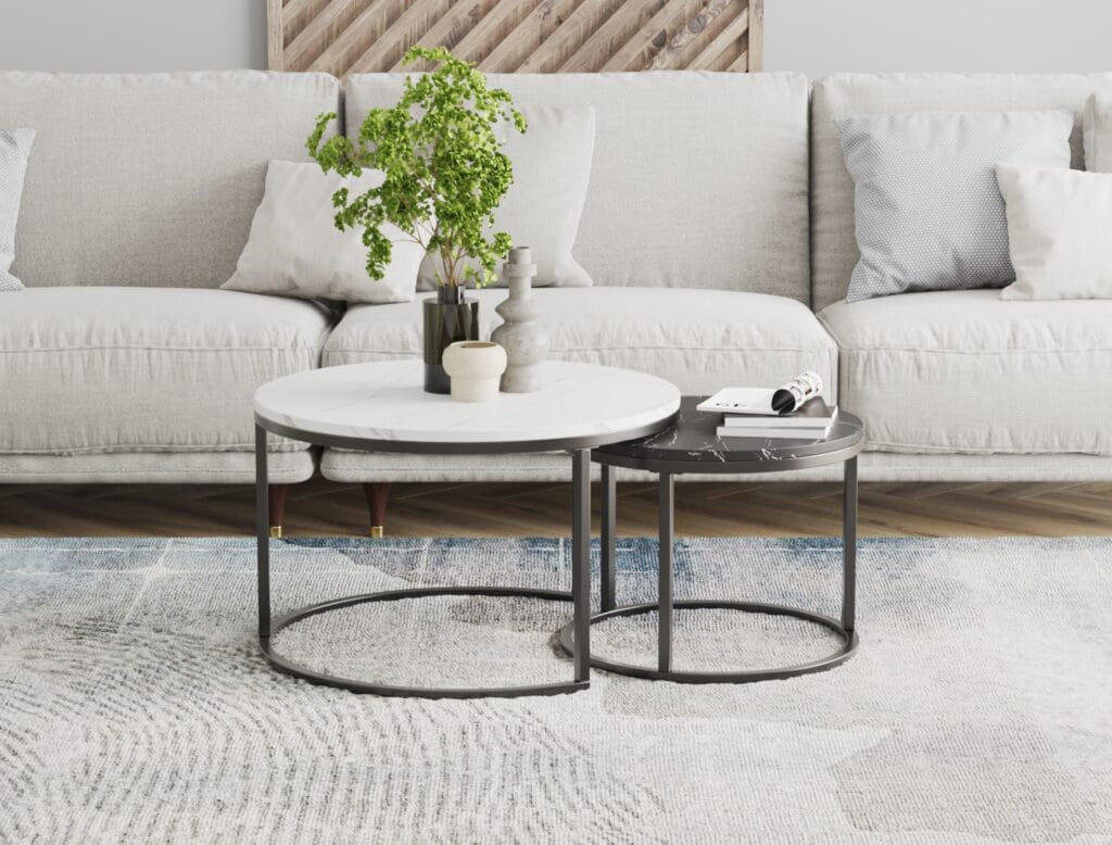 Modern nesting coffee tables with marble finish in living room interior – Intervibe Studio visualization