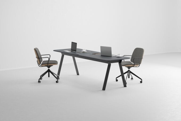 Modern office furniture set with black desk and two grey swivel chairs – 3D catalog render