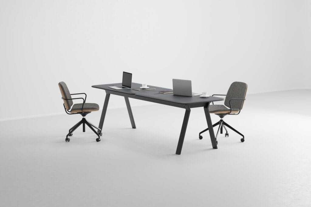 Modern office furniture visualization set with black desk and two grey swivel chairs – 3D catalog render