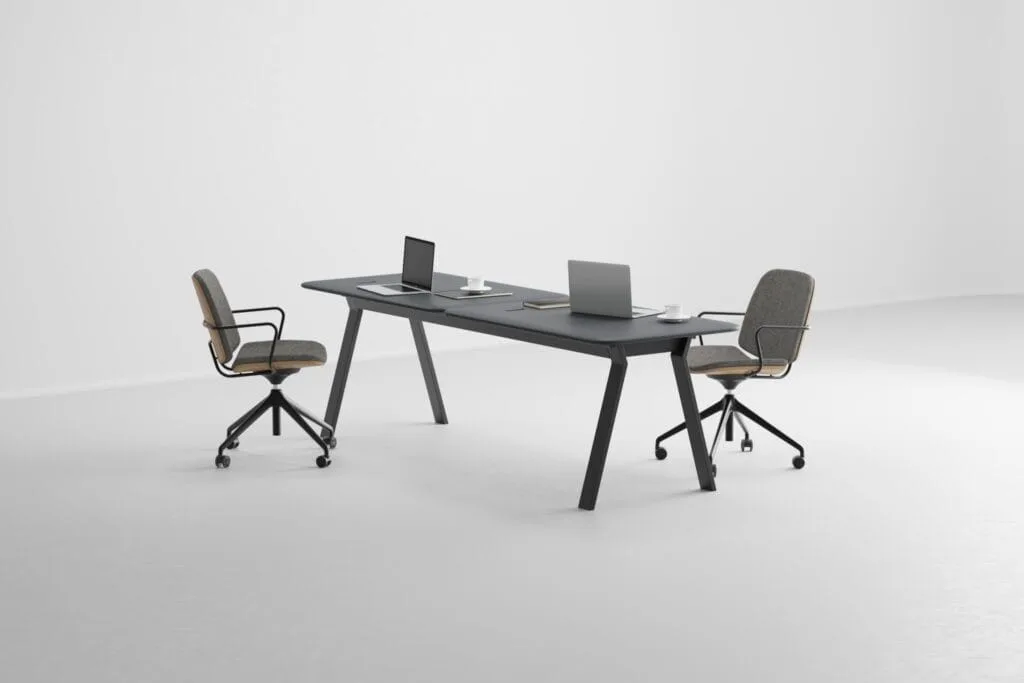 Modern office furniture visualization set with black desk and two grey swivel chairs – 3D catalog render