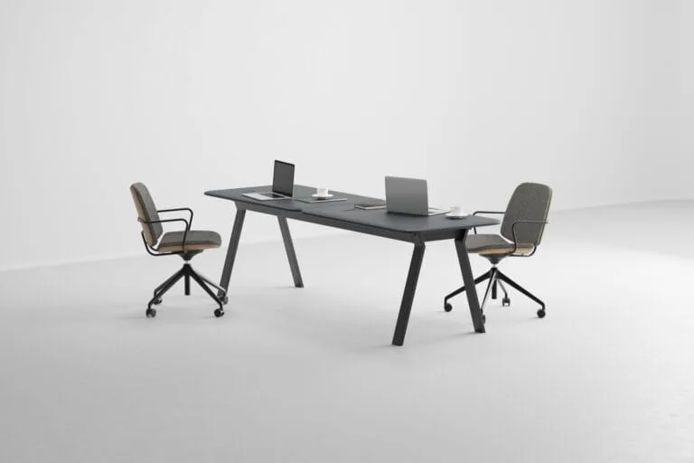 Modern office furniture visualization set with black desk and two grey swivel chairs – 3D catalog render