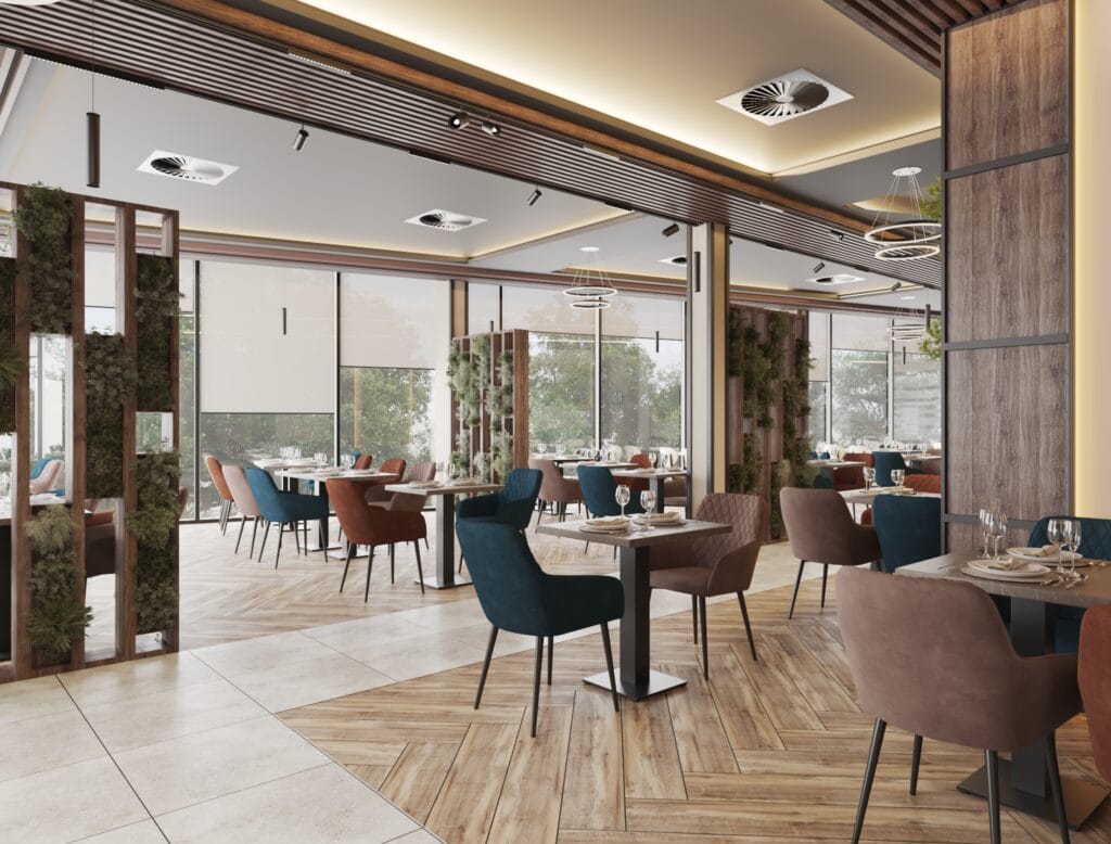 Modern restaurant CGI visualization with wooden floors and stylish layout