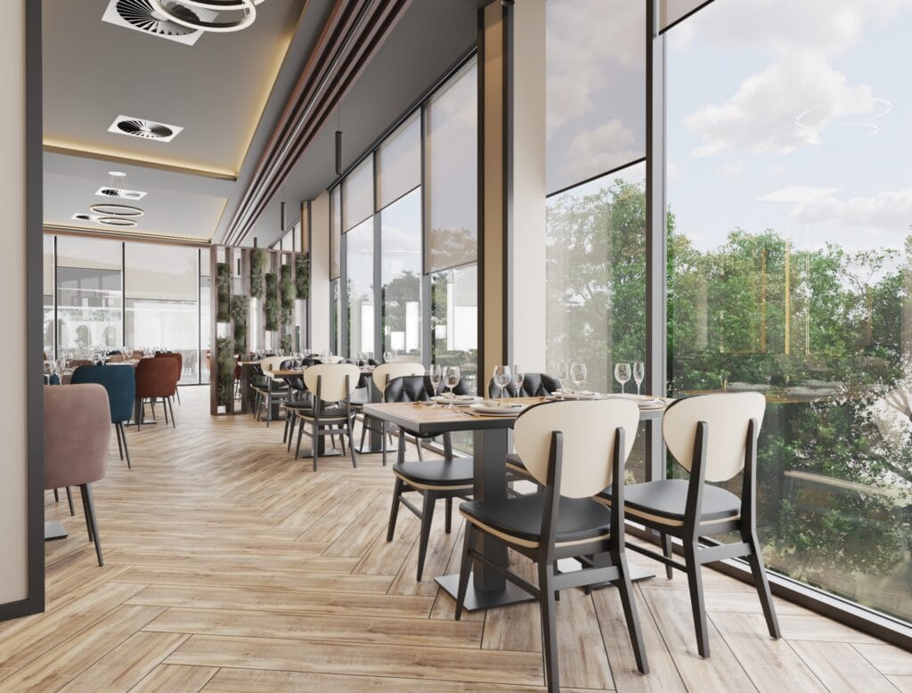 Modern restaurant corridor with glass partitions and dining setup