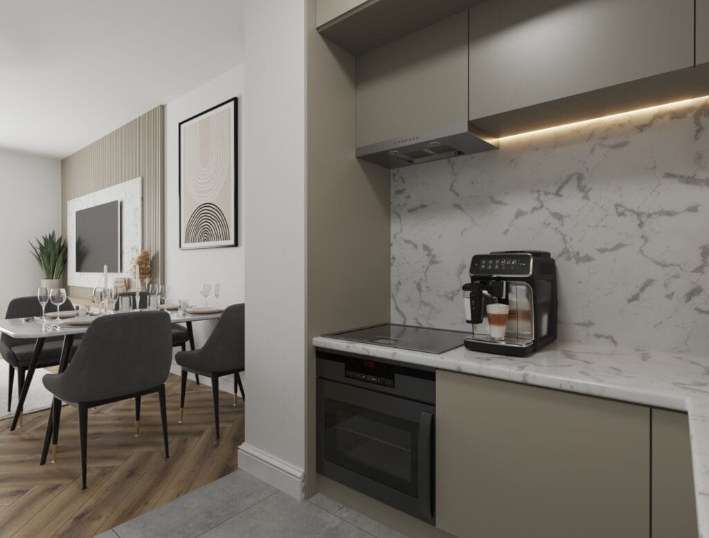 Modern small kitchen design with marble backsplash – Intervibe Studio