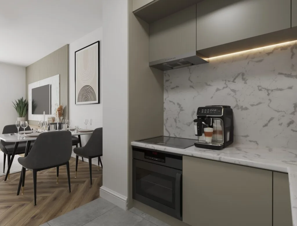Modern small kitchen design with marble backsplash – Intervibe Studio