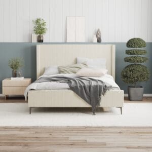 Modern upholstered bed with light fabric headboard and minimalist interior decoration – 3D visualization