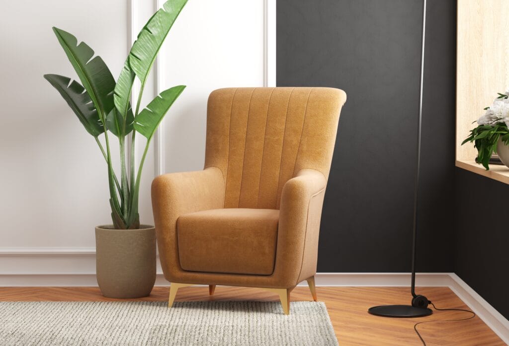 Mustard yellow modern armchair with wooden legs