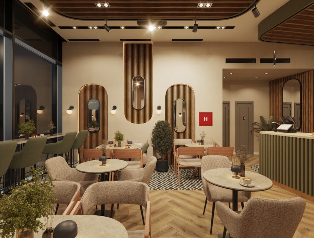 Night café interior with patterned flooring, round tables, and warm lighting design