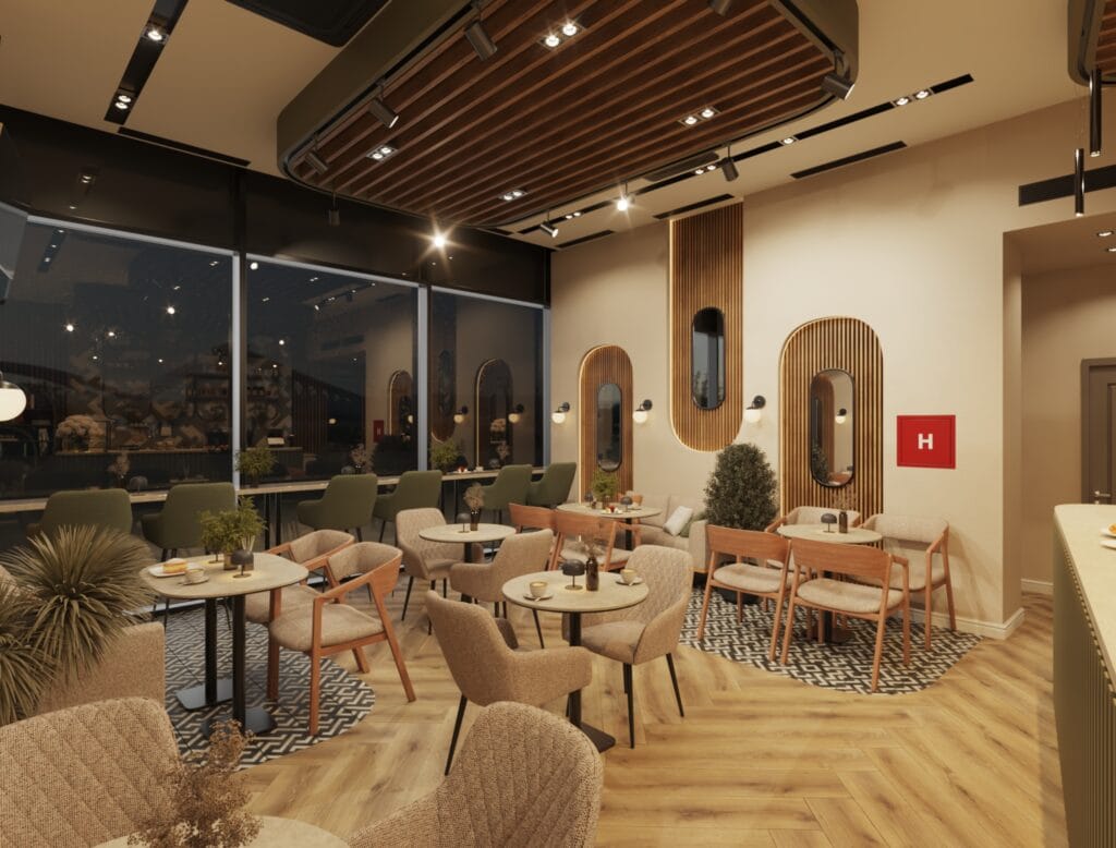 Night café interior with wooden ceiling slats, modern chairs, and glass walls with city view