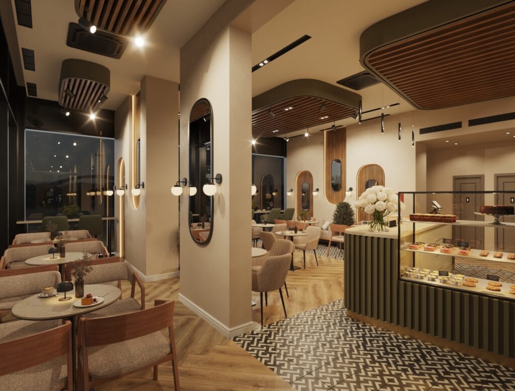 Night café seating area with patterned floor tiles, wooden accents, and glass façade
