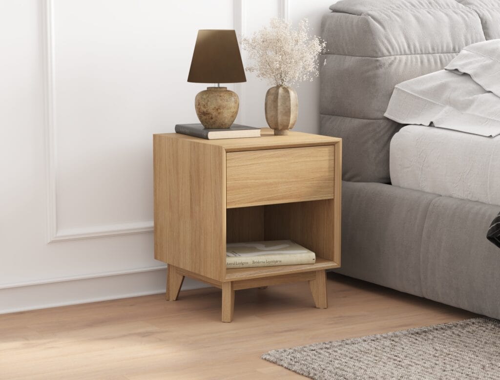 Oak bedside table with open shelf and drawer