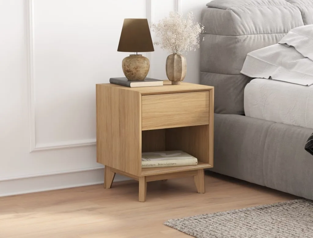 Oak bedside table with open shelf and drawer