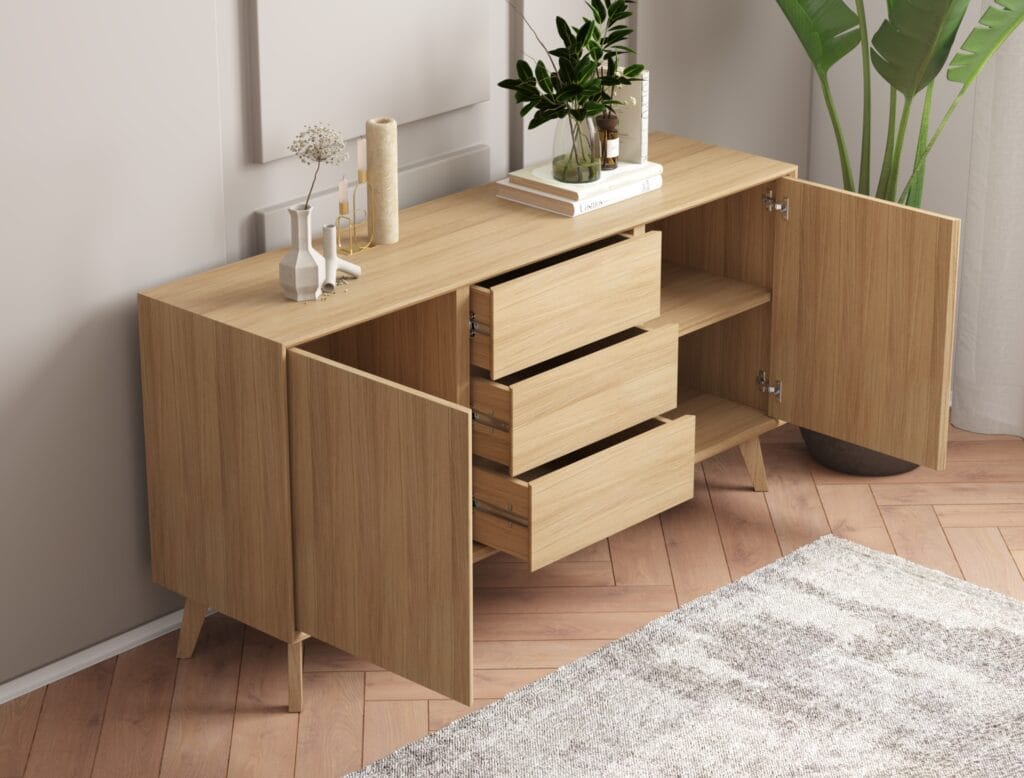 Oak sideboard cabinet with drawers and doors