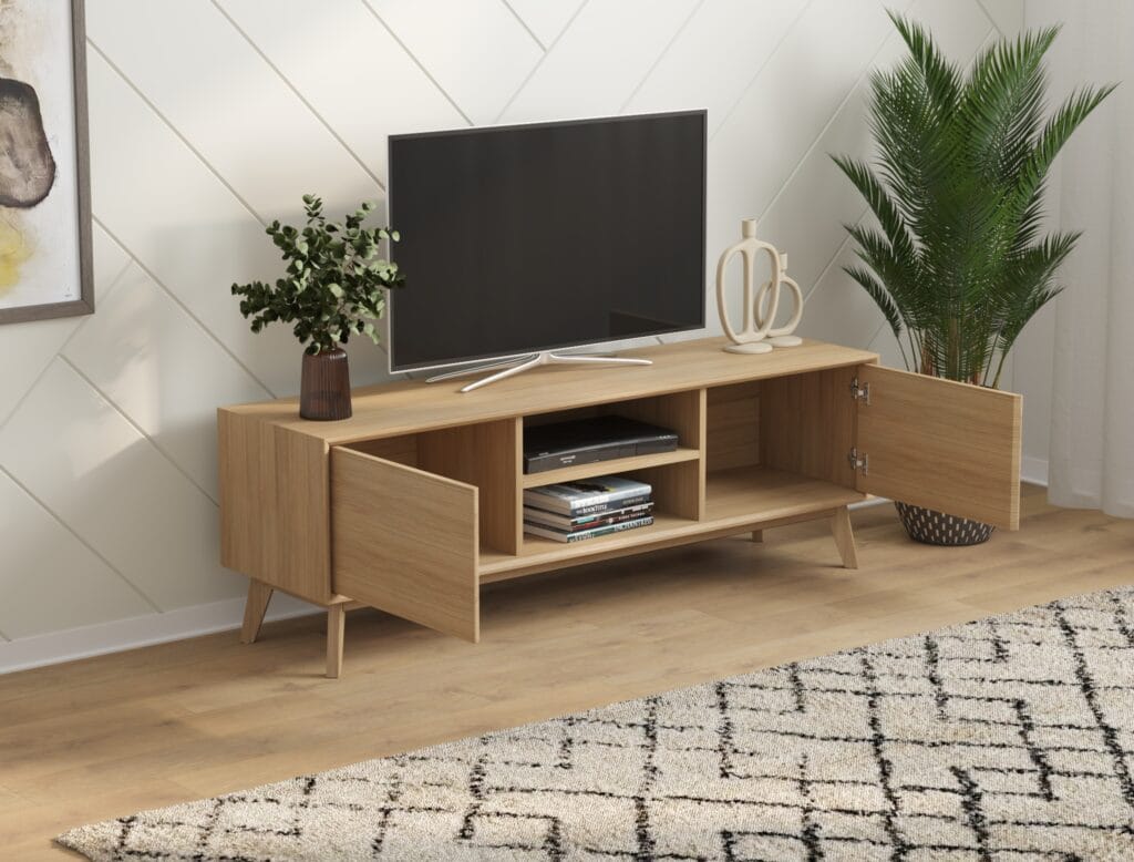 Oak TV stand with open shelves – modern living room furniture