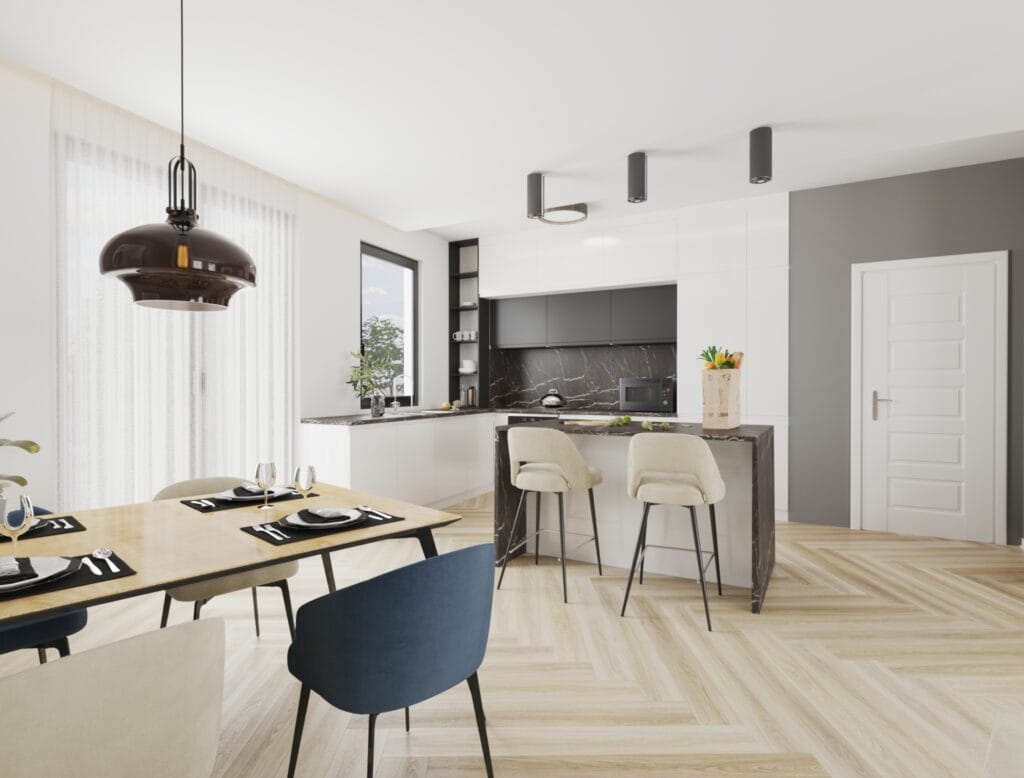 Open-plan kitchen with dining table and marble island – CGI Interior Visualization