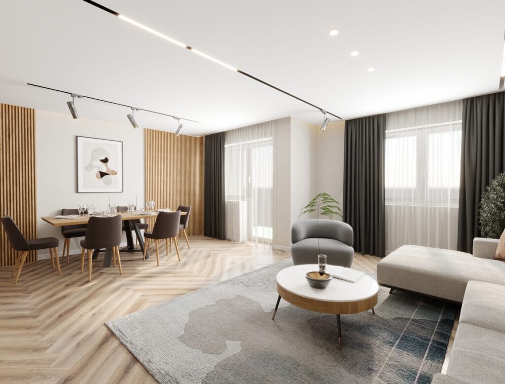 Open-plan living and dining area with elegant lighting – Intervibe Studio