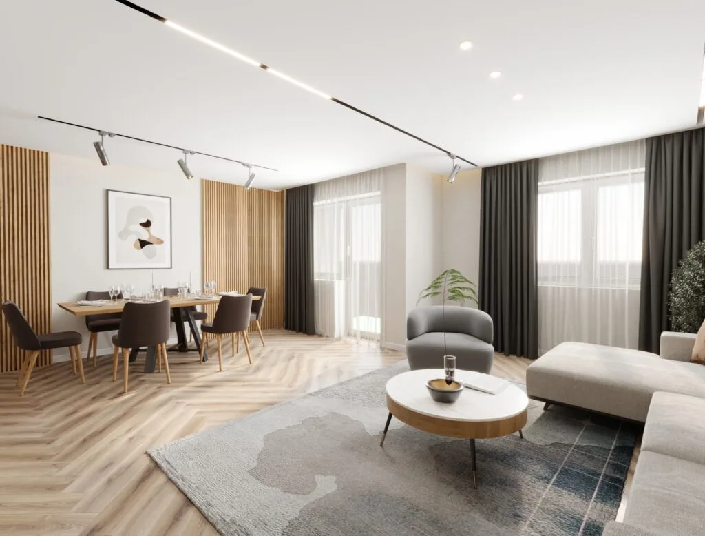 Open-plan living and dining area with elegant lighting – Intervibe Studio