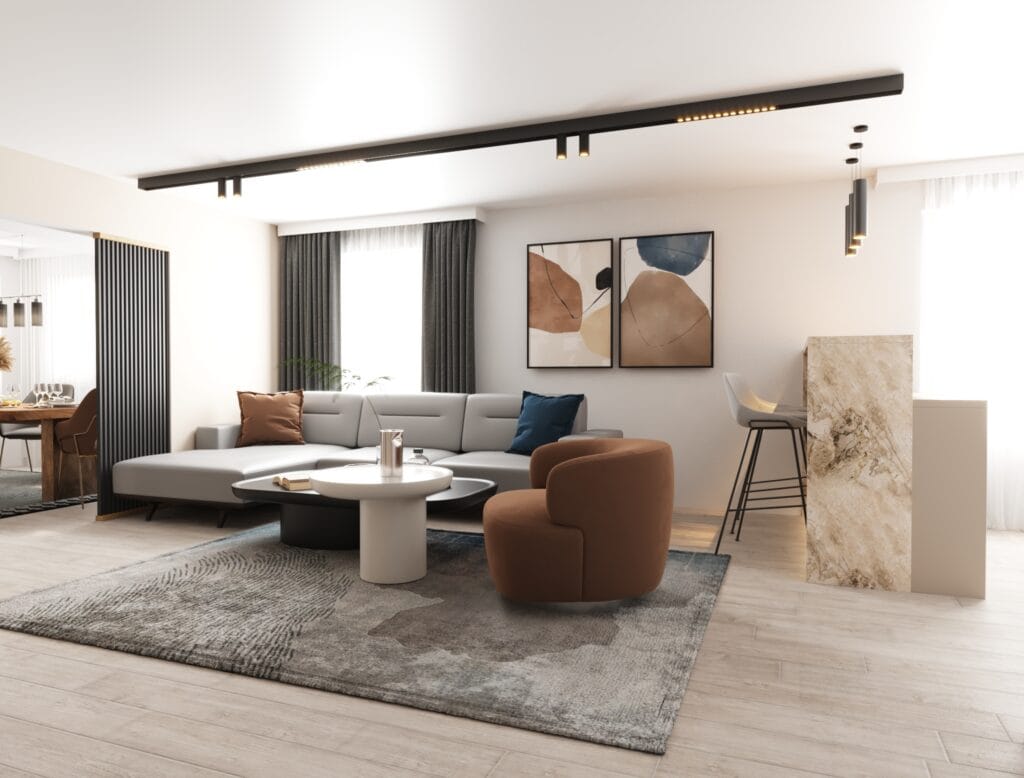 Open-plan lounge and dining area with designer chairs and wall art – Intervibe Studio visualization