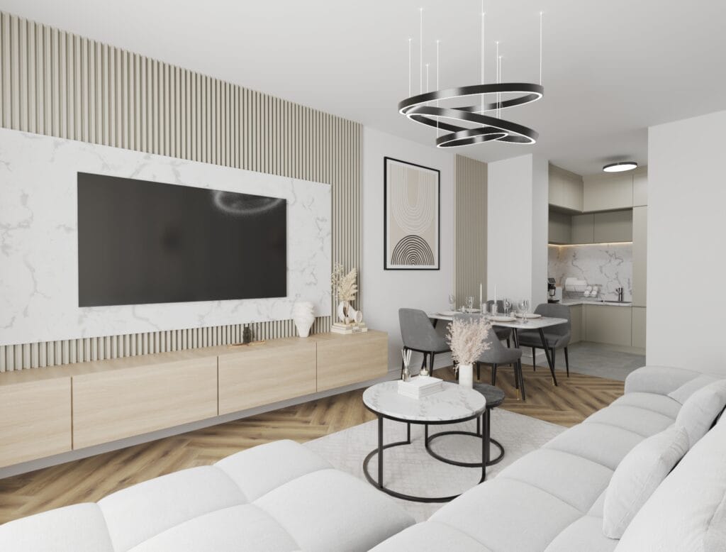 Open space living and dining area visualization – Intervibe Studio