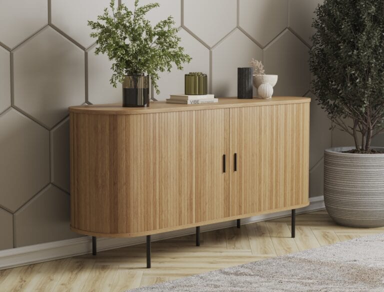 Oval wooden TV stand with rounded edges and black legs.