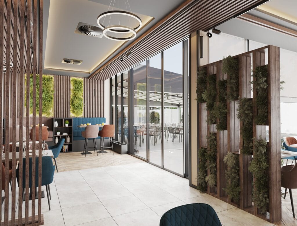 Restaurant interior with glass wall and greenery – Intervibe Studio 3D visualization