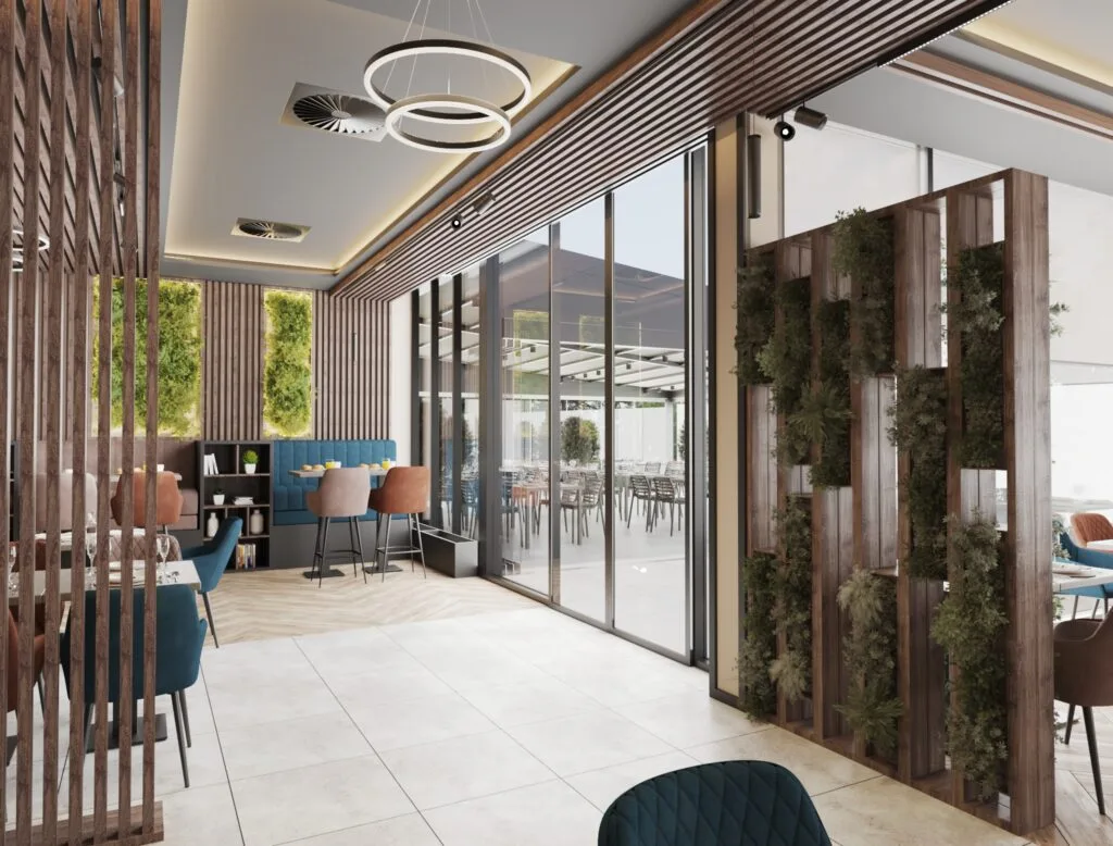 Restaurant interior with glass wall and greenery – Intervibe Studio 3D visualization