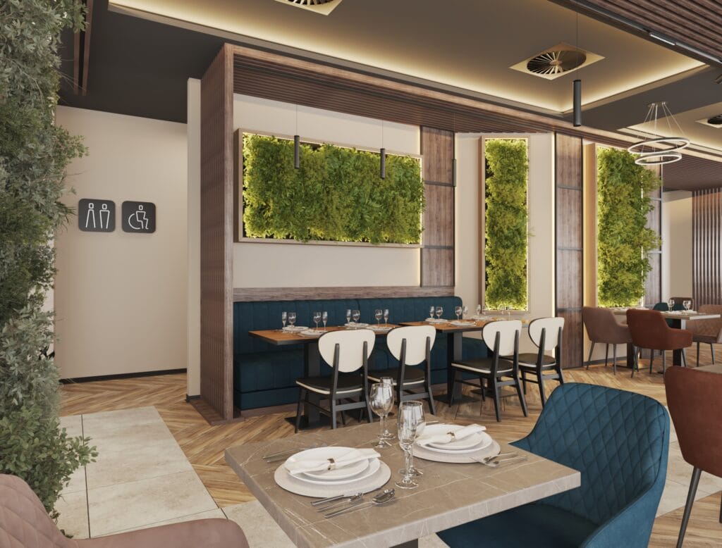 Restaurant seating area with wooden details and natural wall decor