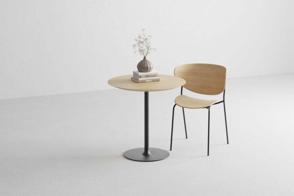 Round bistro table with wooden top and black metal base – studio render