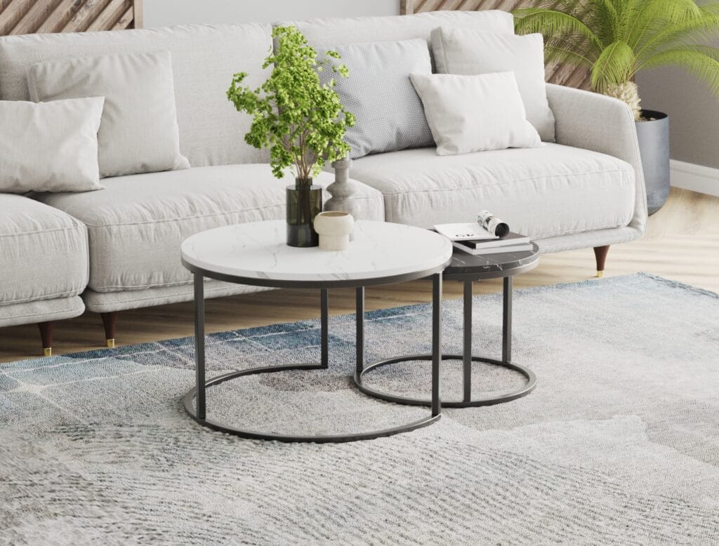 Round marble-top coffee tables with black metal frame in contemporary living room – 3D render