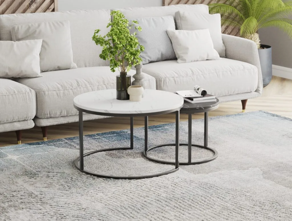 Round marble-top coffee tables with black metal frame in contemporary living room – 3D render