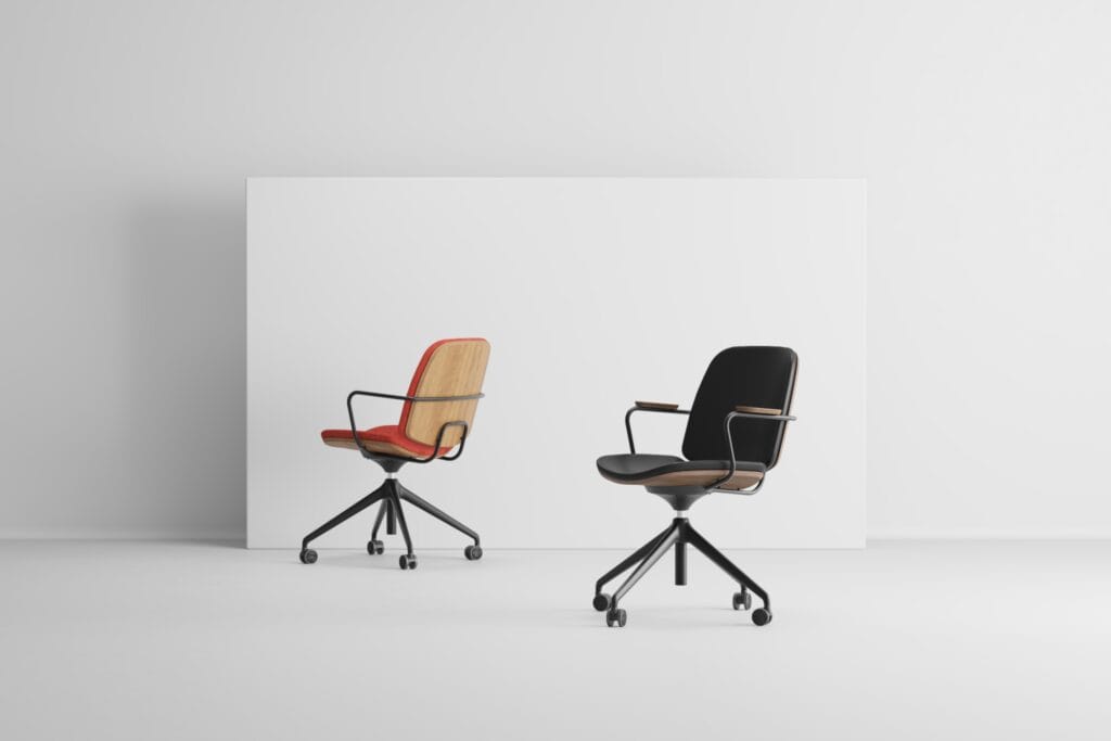 Set of modern swivel office chairs in brown and black – studio catalog render