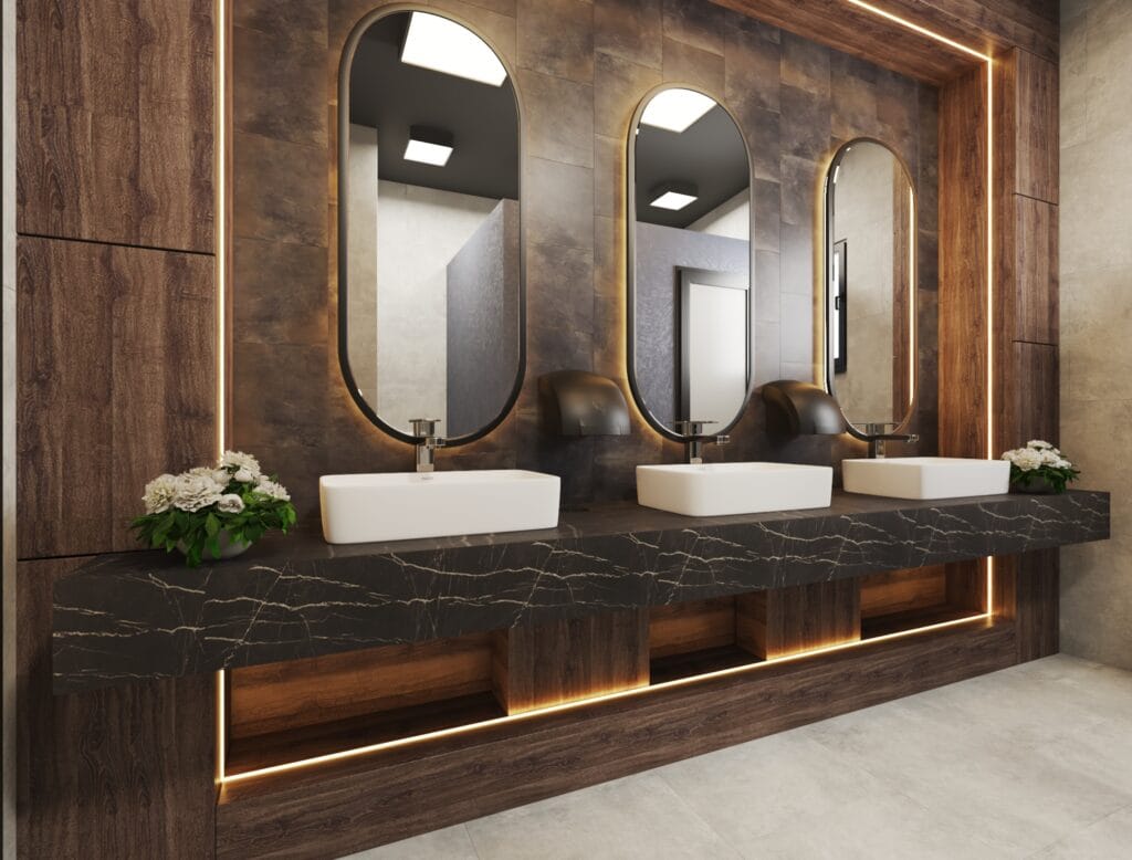 Sinks with decorative lighting in the restaurant restroom – 3D interior design