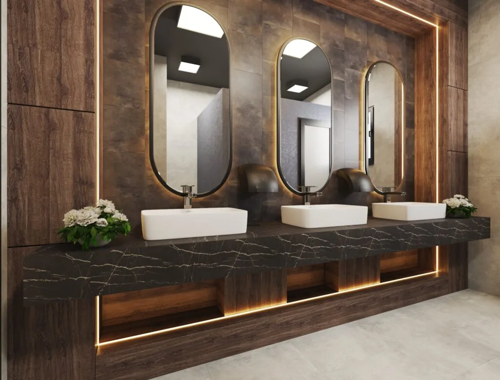 Sinks with decorative lighting in the restaurant restroom – 3D interior design